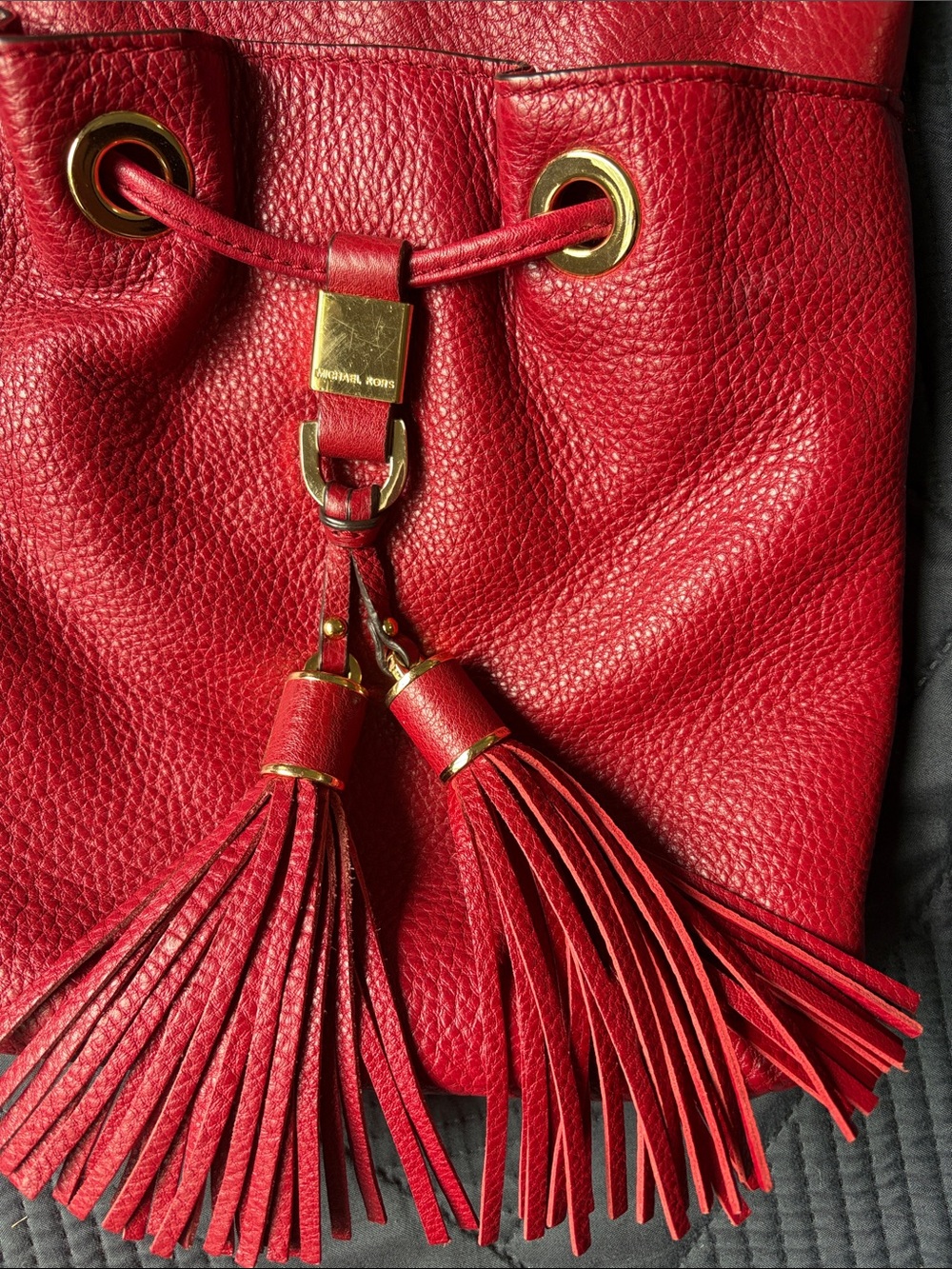 Michael Kors Red Leather Tassel Drawstring Crossbody - Picture 7 of 15